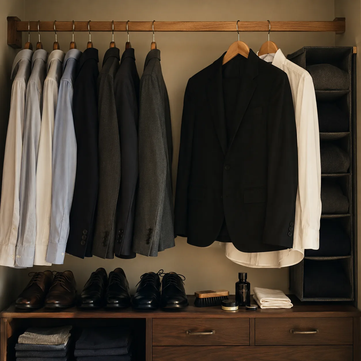 Realistic editorial photo of a modest closet with work clothes, interview outfit, and shoe care supplies arranged neatly
