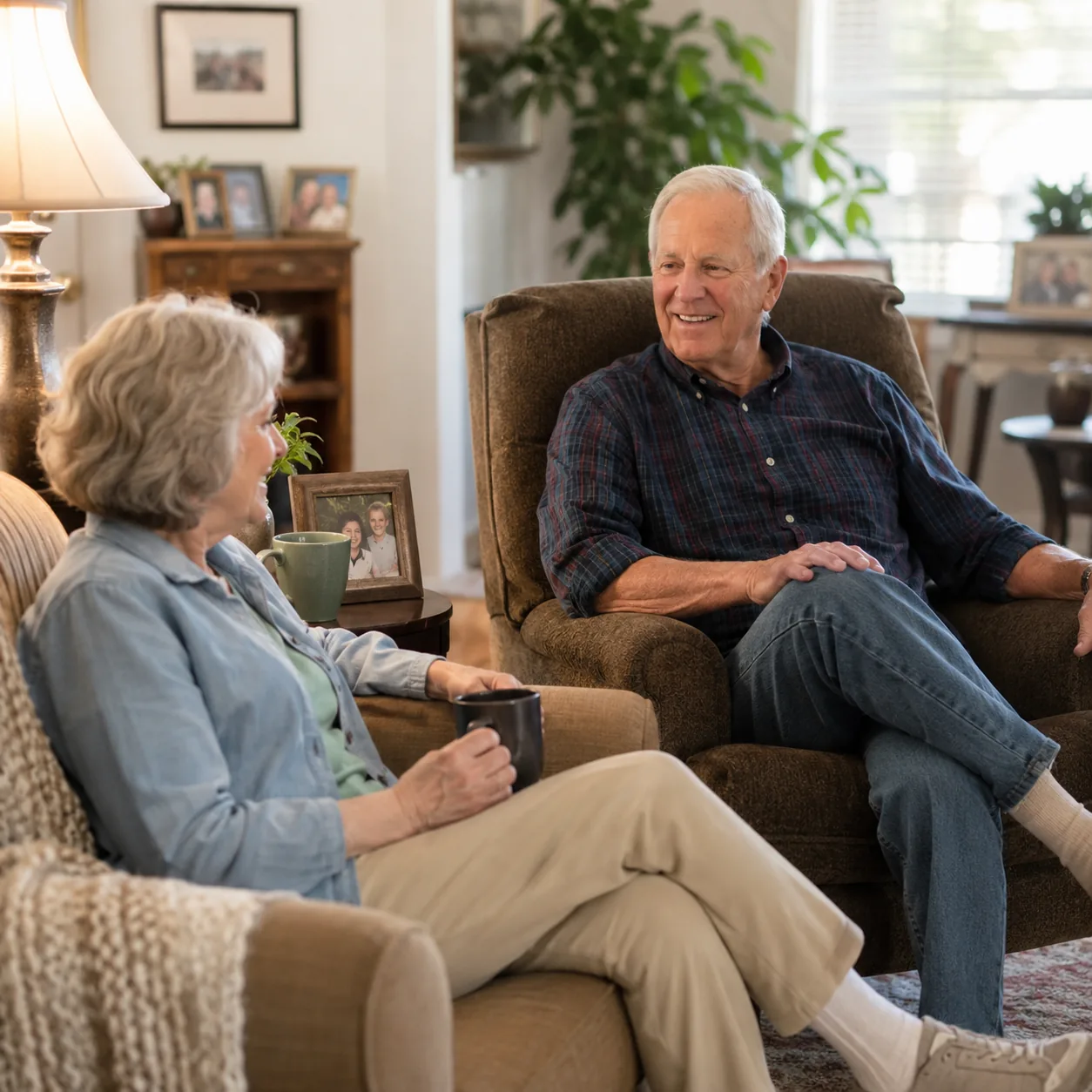 Realistic editorial photo of a retired couple relaxing in their 55 plus community living room with everyday items, famil