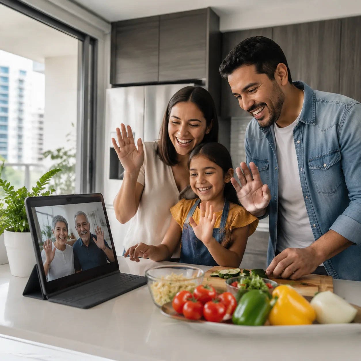 Realistic editorial photo of a young Latino family video calling grandparents while cooking together in a modern apartme
