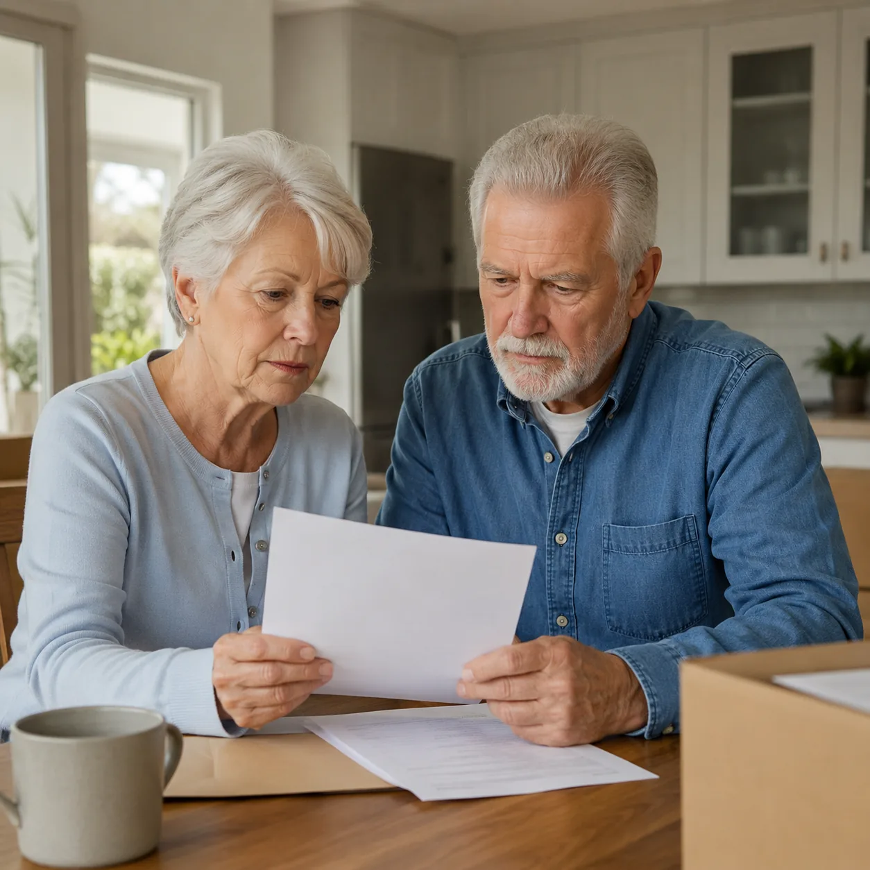 Realistic editorial photo of an older couple reading updated community rules at a kitchen table after move-in, practical