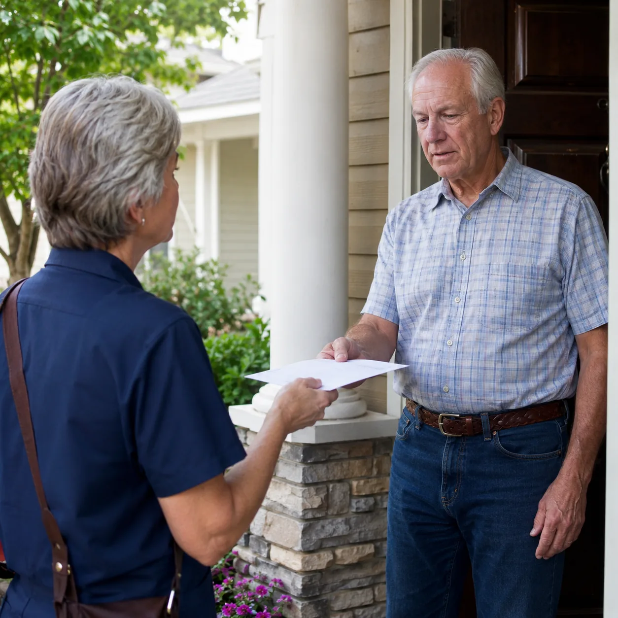 Realistic editorial photo of an older homeowner receiving a polite HOA notice near a front porch, practical community li
