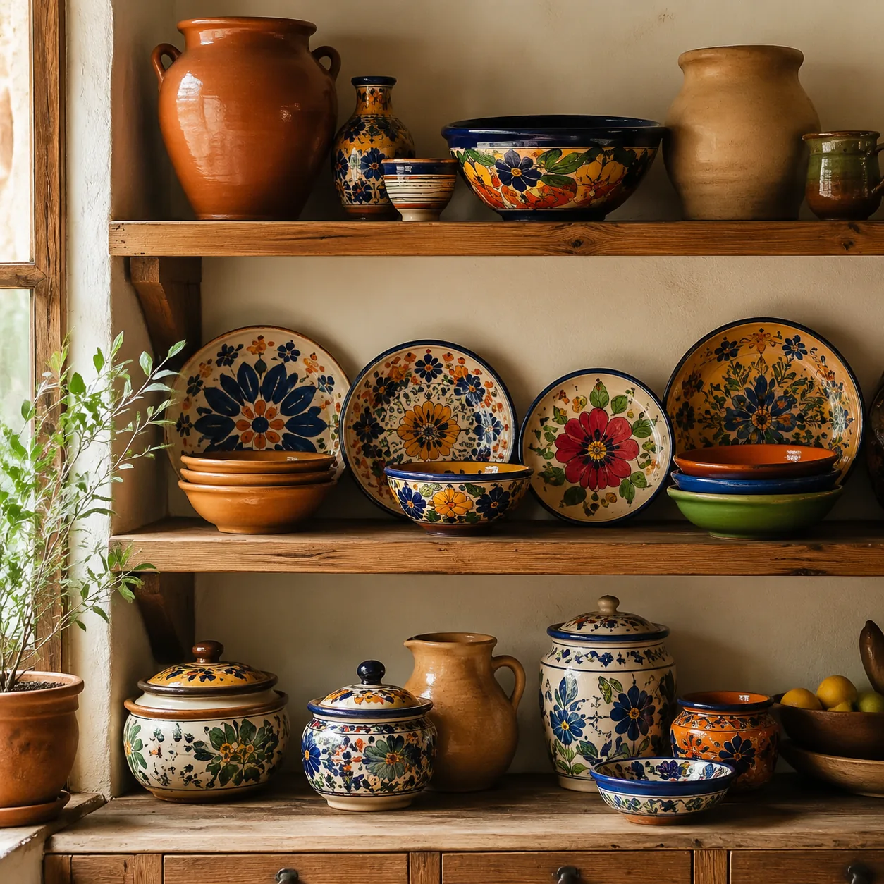 Realistic editorial photo of colorful hand painted ceramic plates and clay pots on open kitchen shelves, warm natural li