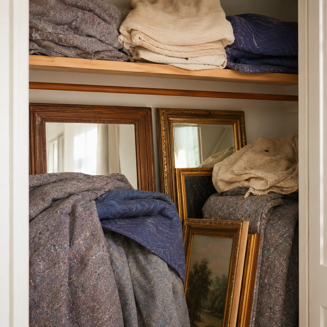 Realistic editorial photo of a closet shelf with old blankets protecting framed artwork and mirrors, warm natural light,