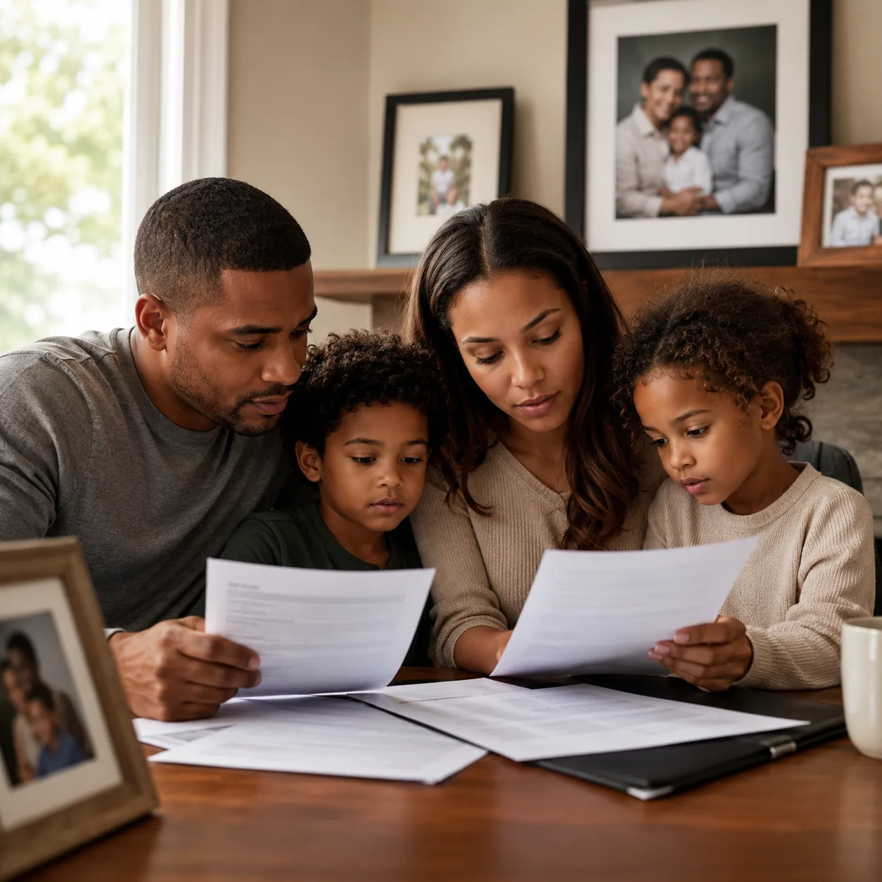 Realistic editorial photo of a family reviewing life insurance and beneficiary forms beside framed family photos, warm n