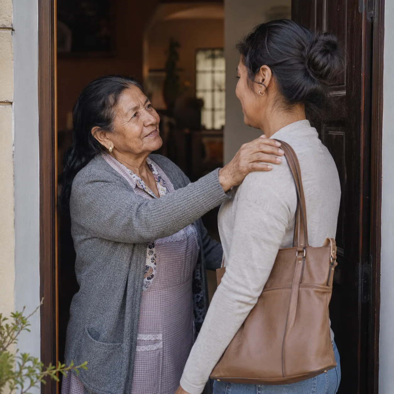 Realistic editorial photo of an older Latina woman touching an adult grandchild's shoulder gently at the front door, war