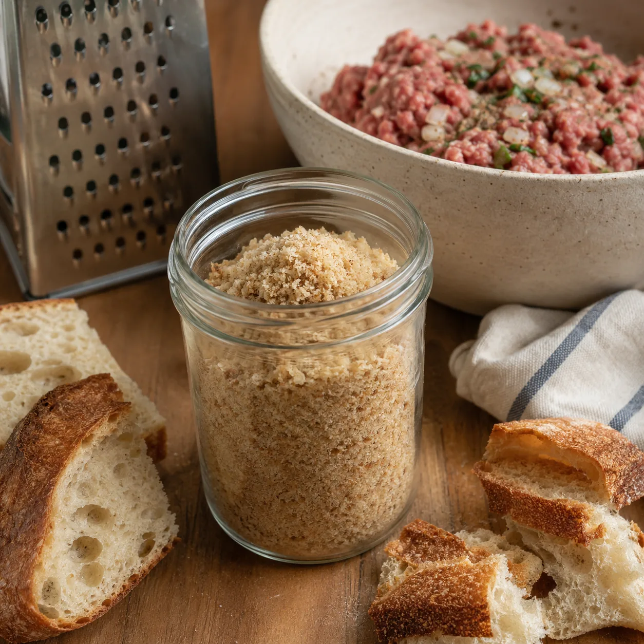 Realistic editorial photo of homemade bread crumbs stored in a glass jar beside stale bread, meatloaf mix, and a grater,