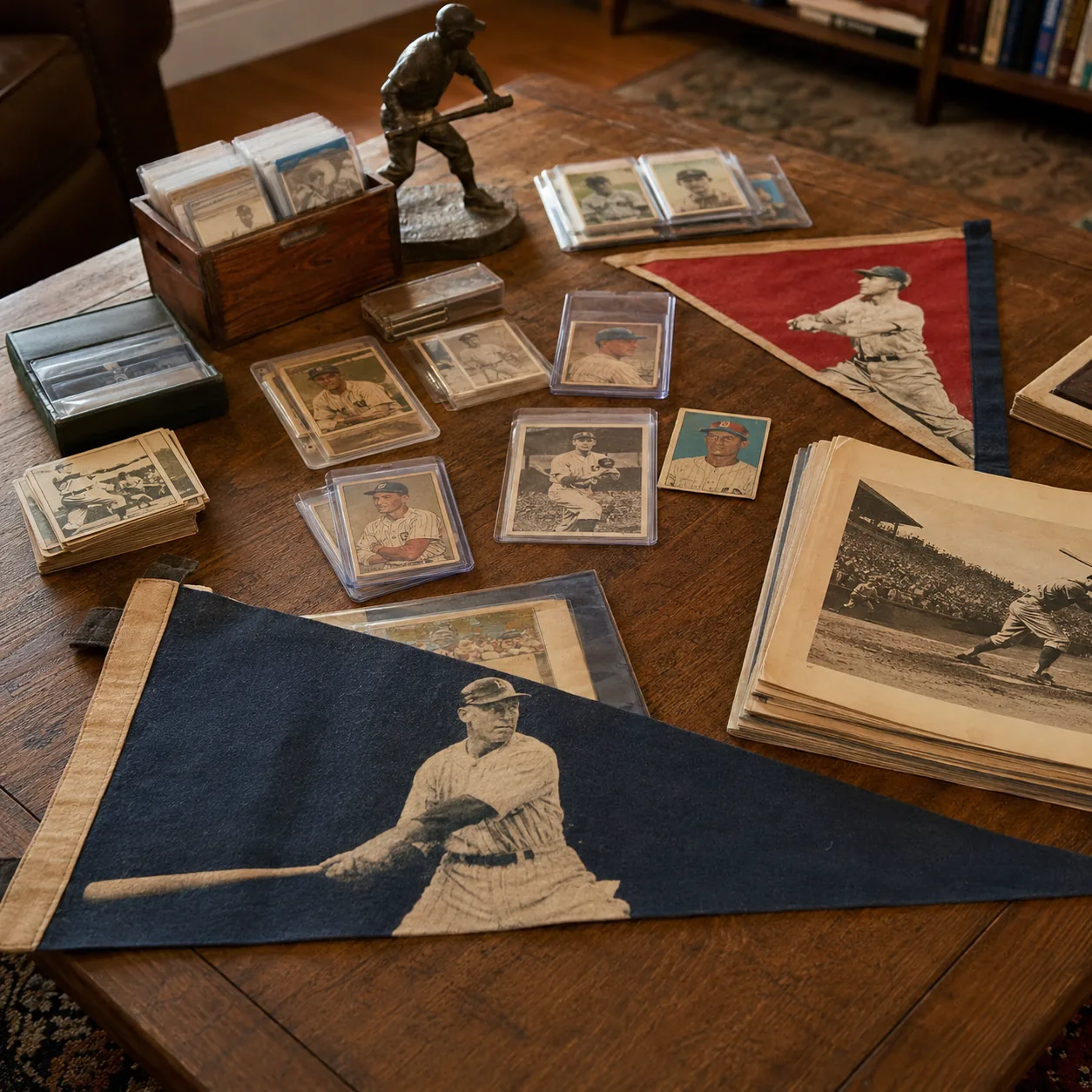 Realistic editorial photo of old baseball cards, pennants, and sports programs on a coffee table, organized collector sc