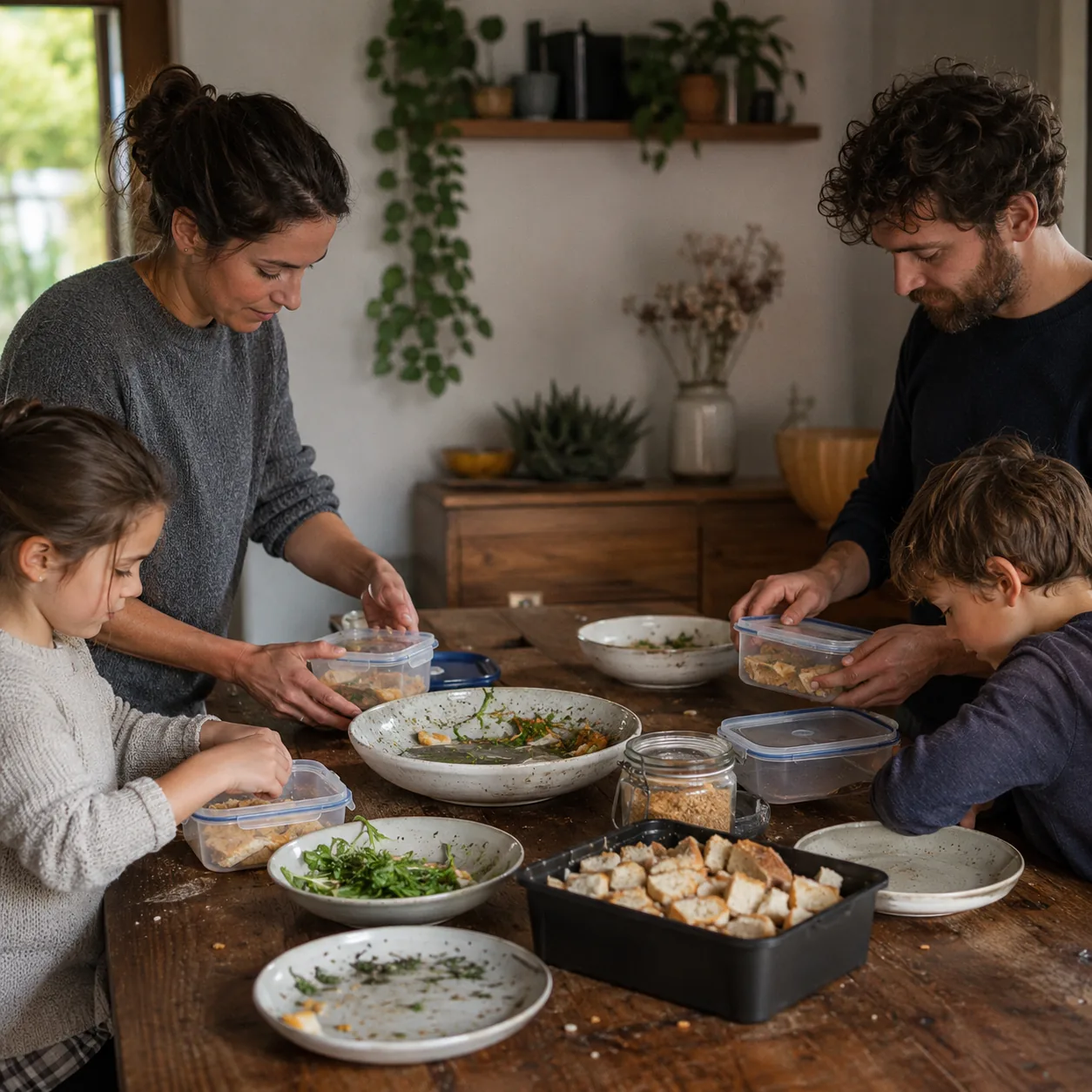 Realistic editorial photo of a family table after supper with small leftovers being packed into containers and bread cru
