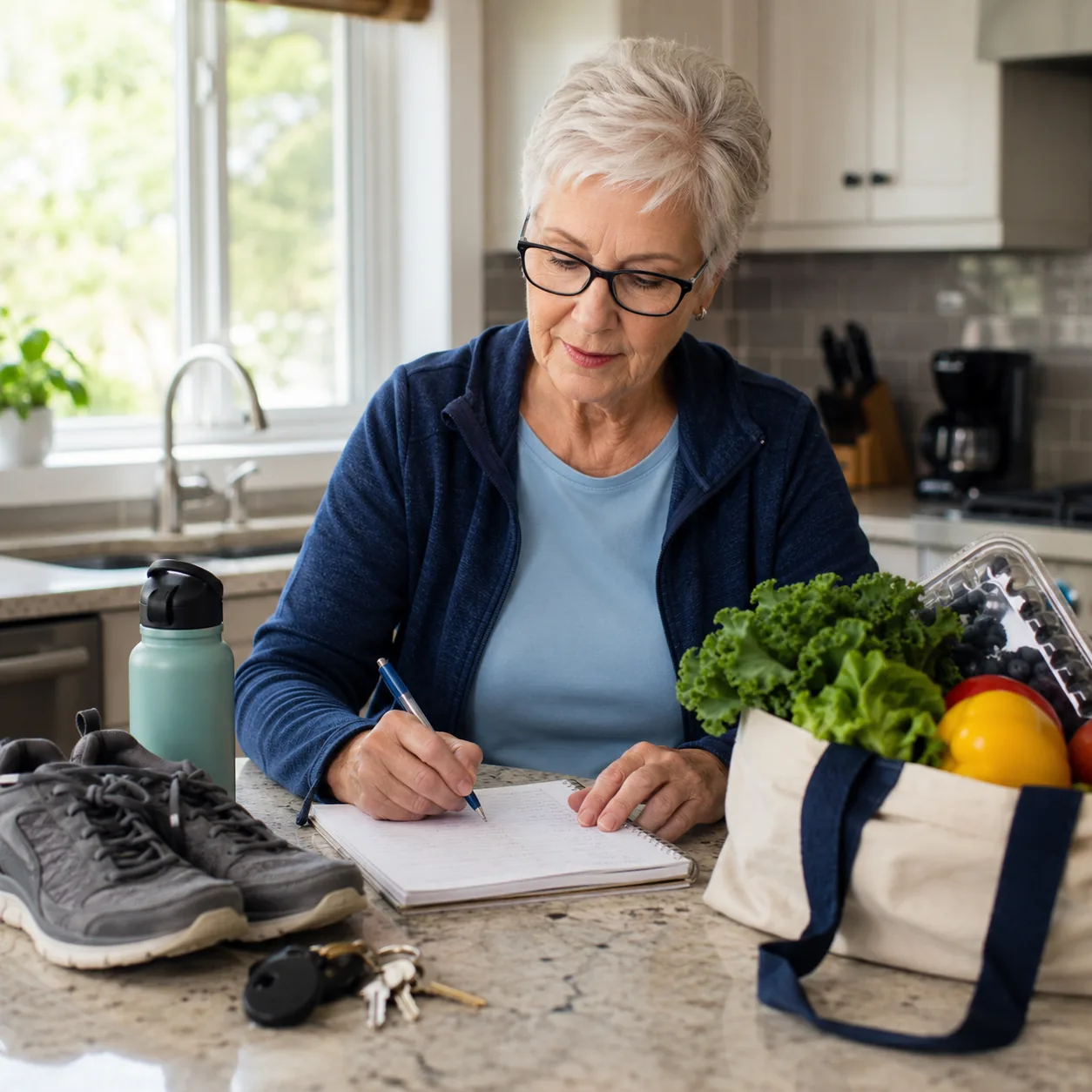 Realistic editorial photo of a retired person planning an ordinary weekday with groceries, walking shoes, appointment no