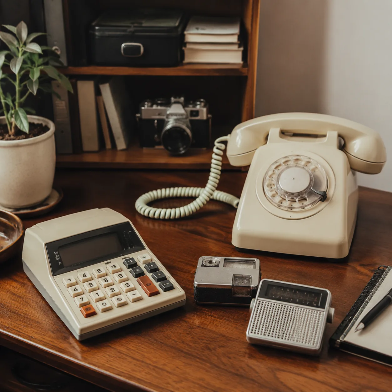 Realistic editorial photo of a rotary phone, early calculator, and small vintage electronics on a clean desk, nostalgic