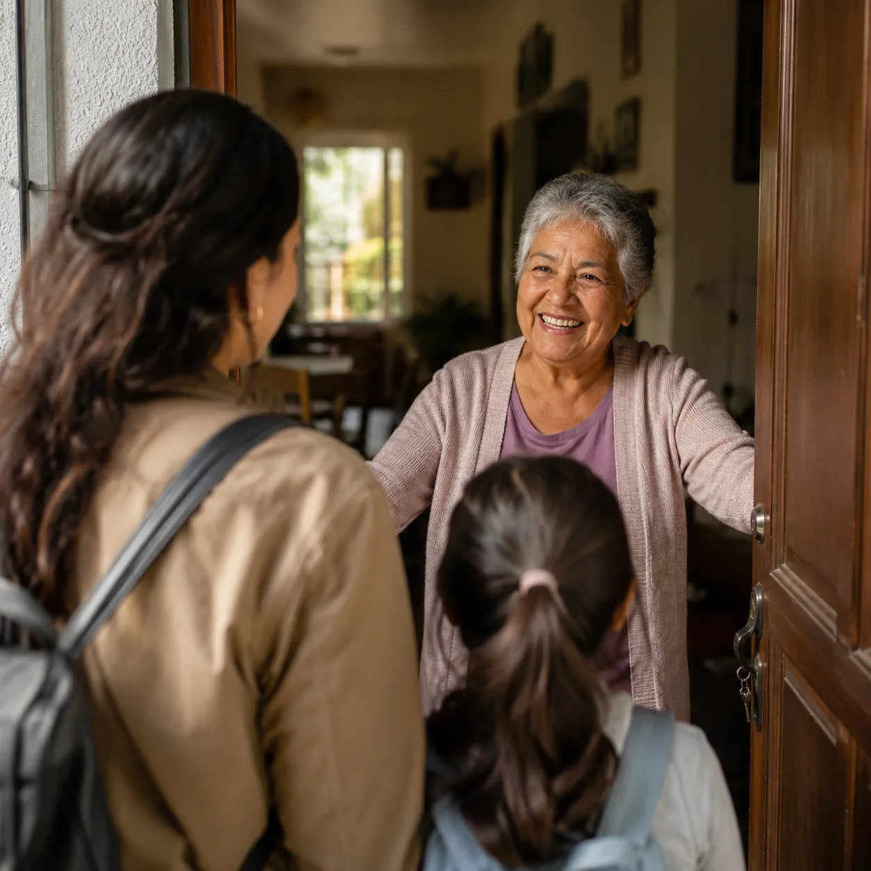 Realistic editorial photo of an older Latina woman opening a front door warmly for arriving family members, cozy home in
