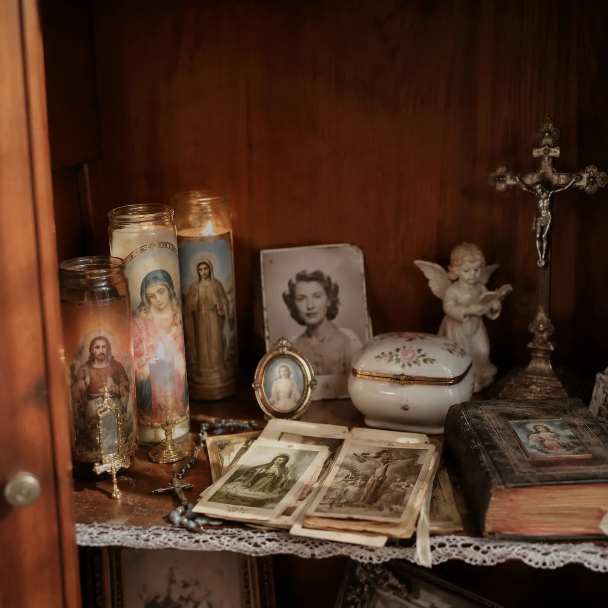 Realistic editorial photo of old religious candles, prayer cards, and small keepsakes arranged respectfully in a home ca