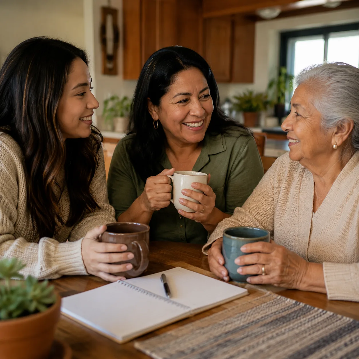 Realistic editorial photo of three generations of a Latino family sharing coffee at a kitchen table with a budget notebo
