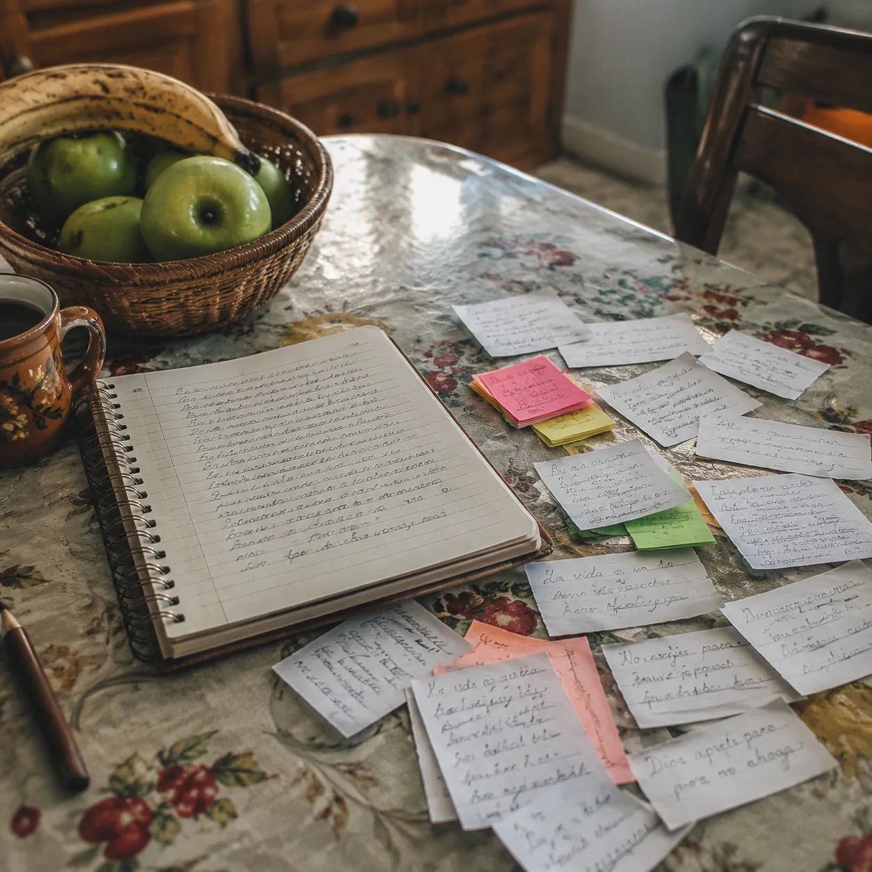 Realistic editorial photo of a kitchen table with family notes, sticky labels, and handwritten Spanish sayings sorted be