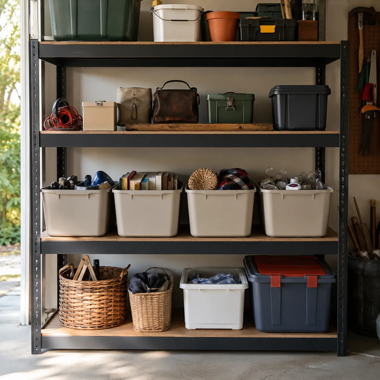 Realistic editorial photo of a family garage shelf after decluttering with labeled bins for repairs, memories, donation,