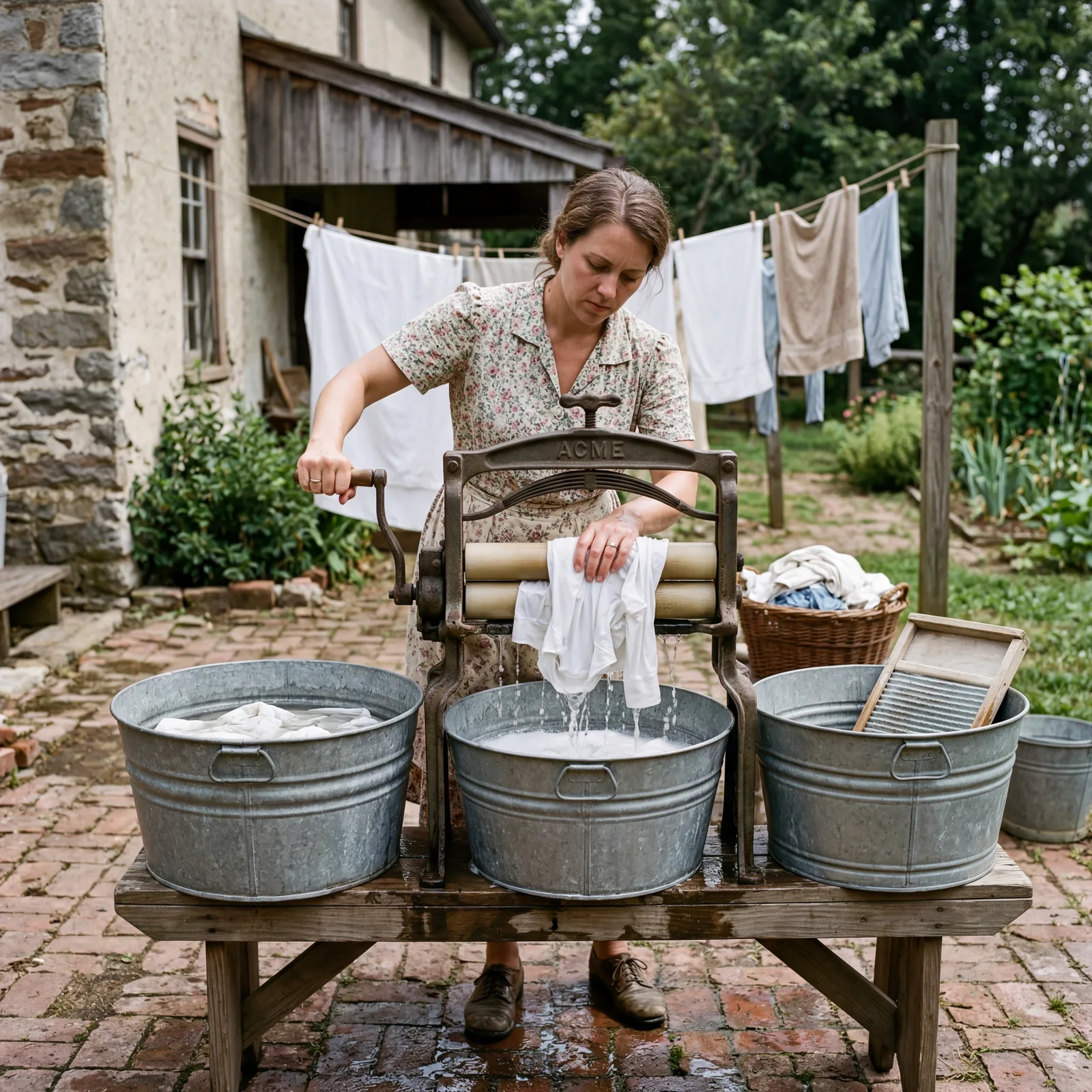 1930s basement or backyard laundry area, a woman feeding wet clothes through a hand-cranked wringer between two metal ro