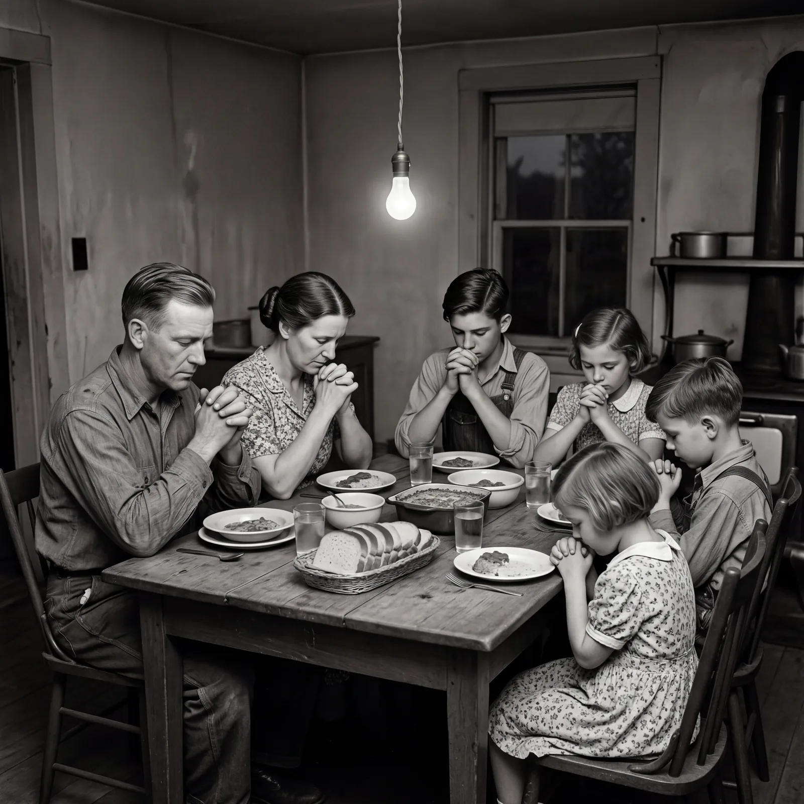 1930s American family at a modest dinner table, heads bowed in prayer before a simple meal, father at the head, children
