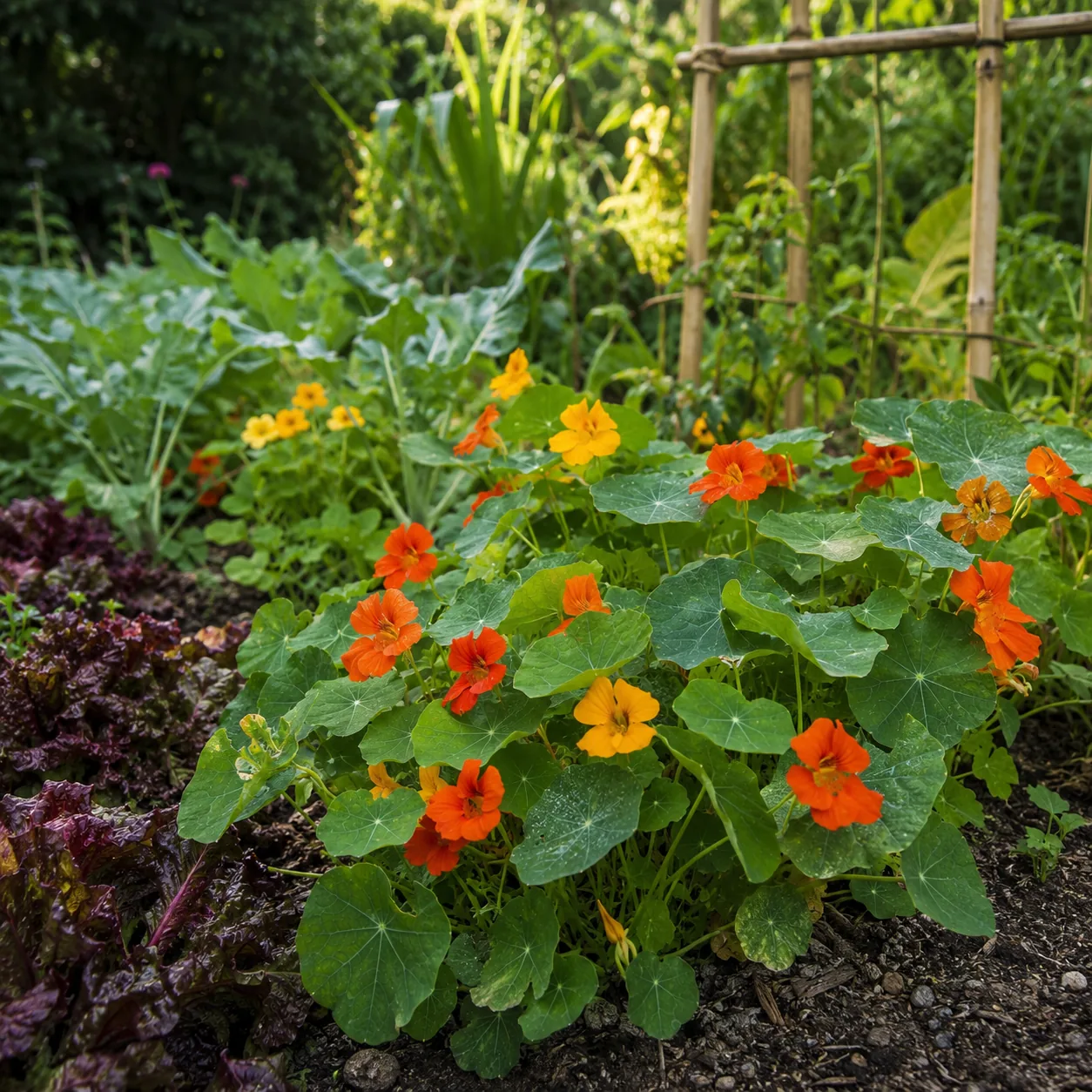 Realistic editorial photo of Nasturtiums as a trap crop growing in a practical edible and flower garden, realistic edito