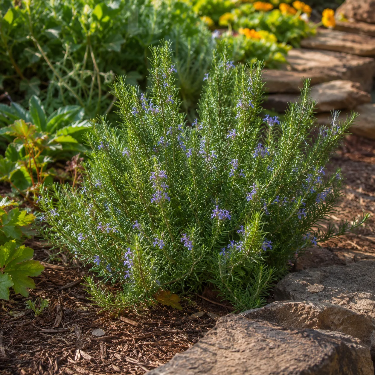 Realistic editorial photo of Rosemary in hot dry corners growing in a practical edible and flower garden, realistic edit