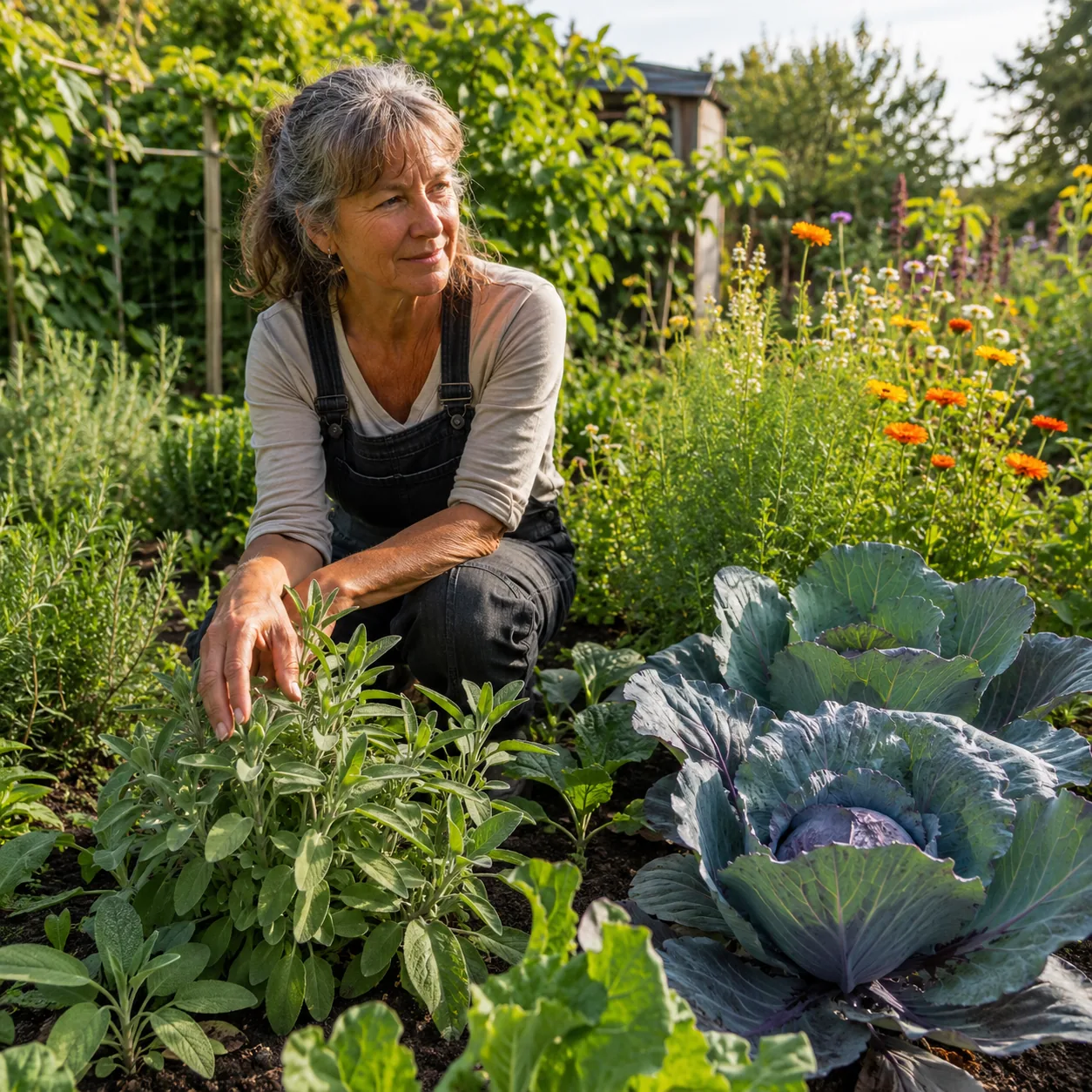 Realistic editorial photo of Sage near cabbage family crops growing in a practical edible and flower garden, realistic e