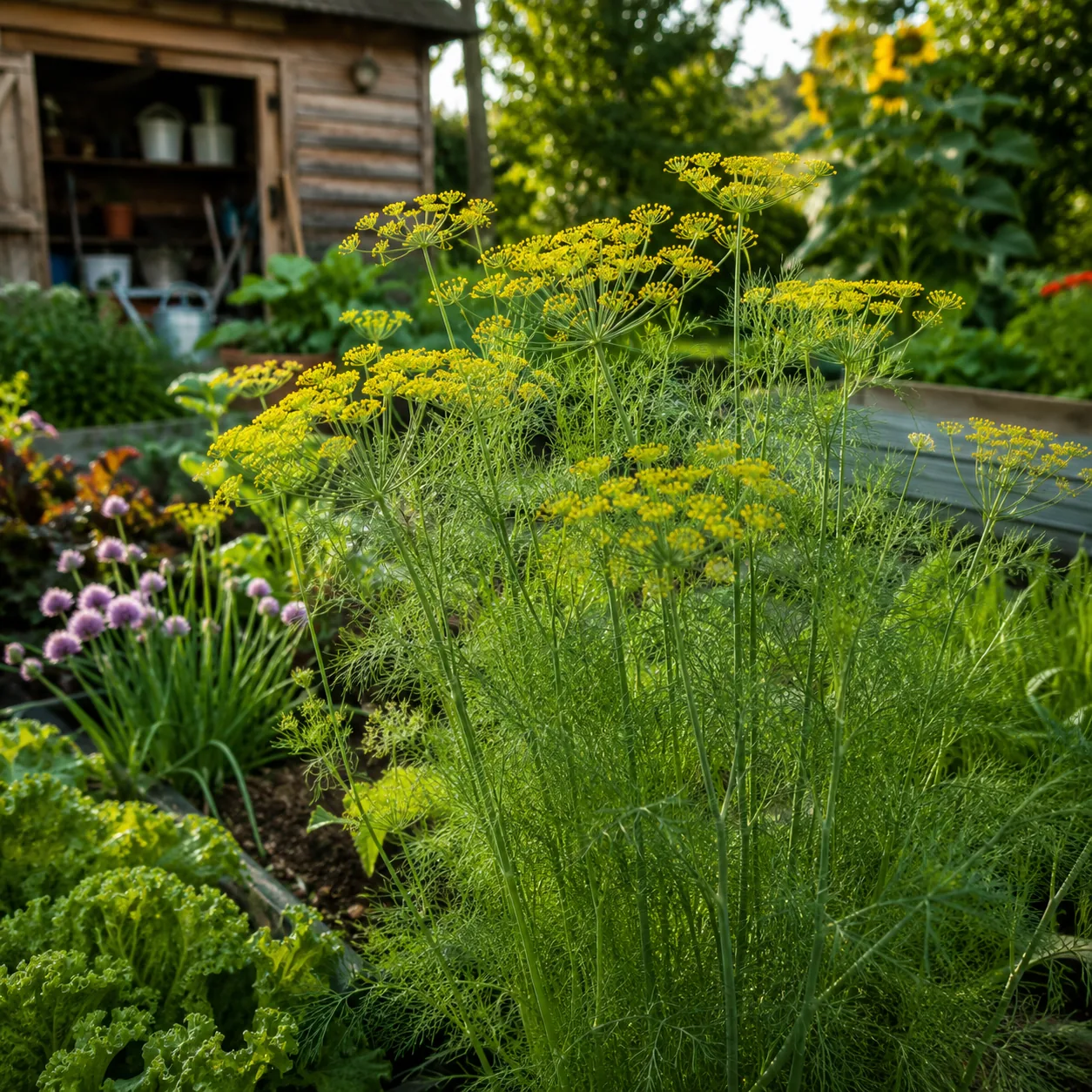 Realistic editorial photo of Dill for beneficial insects growing in a practical edible and flower garden, realistic edit