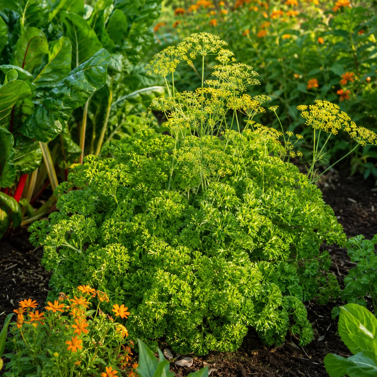 Realistic editorial photo of Parsley for hoverflies growing in a practical edible and flower garden, realistic editorial