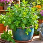 Realistic editorial photo of Mint in a container growing in a practical edible and flower garden, realistic editorial ph