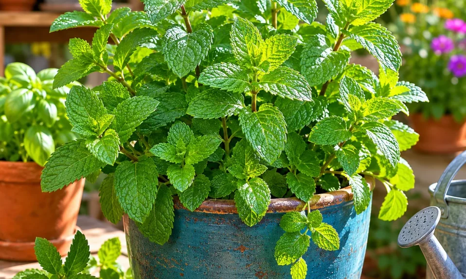 Realistic editorial photo of Mint in a container growing in a practical edible and flower garden, realistic editorial ph