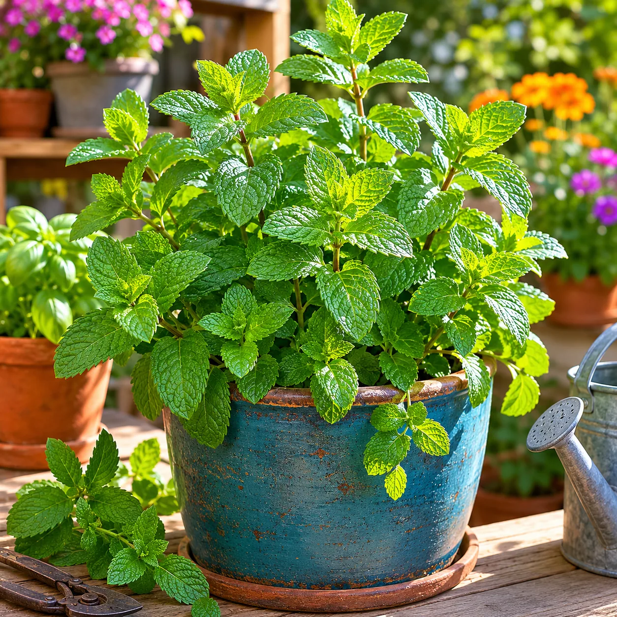 Realistic editorial photo of Mint in a container growing in a practical edible and flower garden, realistic editorial ph