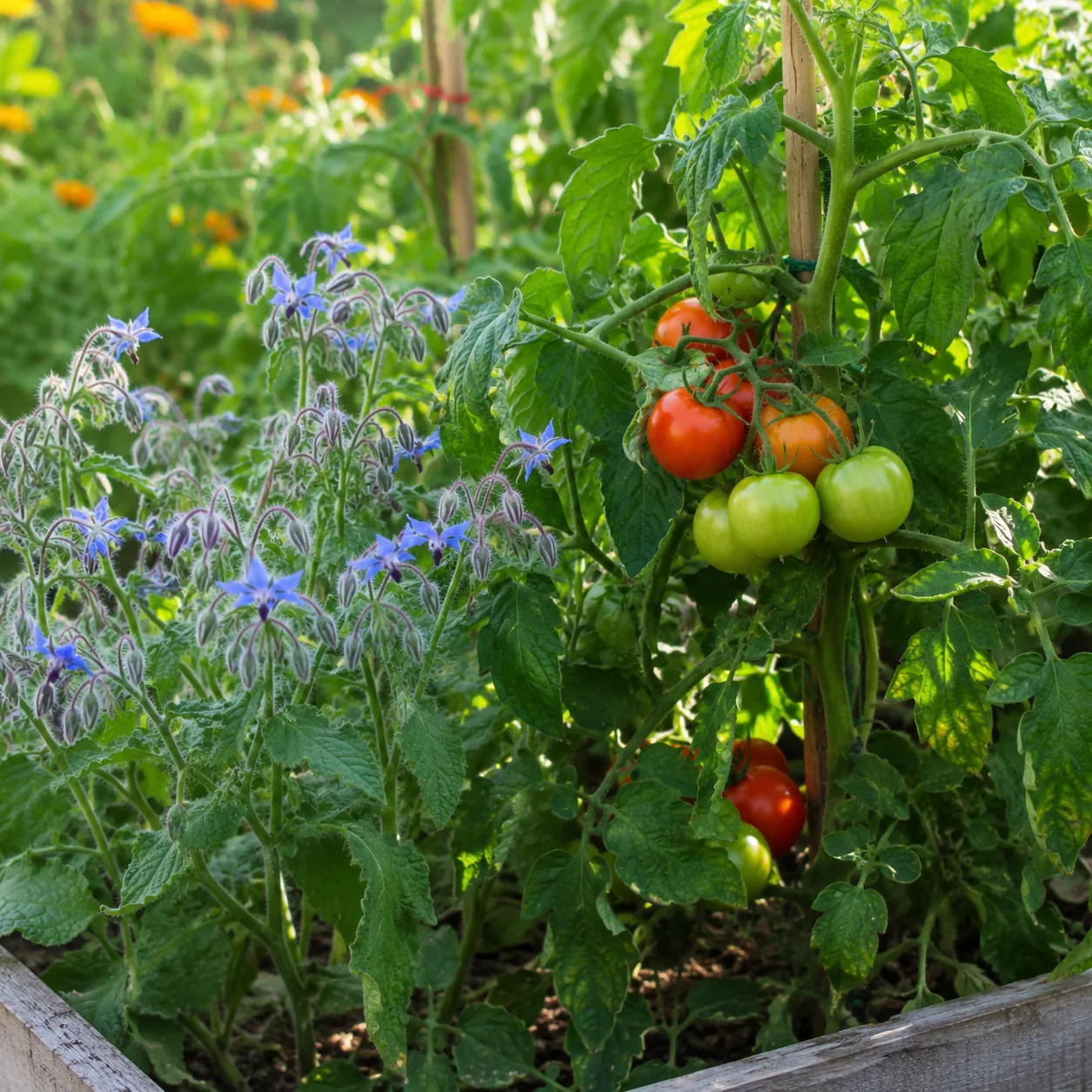 Realistic editorial photo of Borage beside tomatoes growing in a practical edible and flower garden, realistic editorial