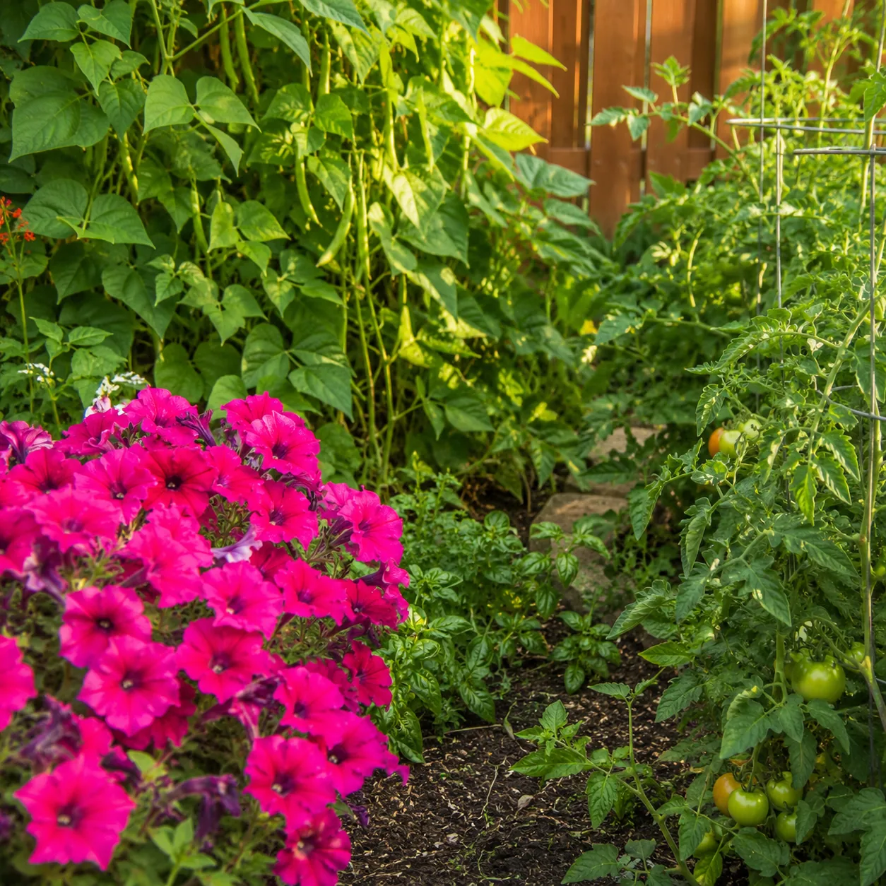 Realistic editorial photo of Petunias near beans and tomatoes growing in a practical edible and flower garden, realistic