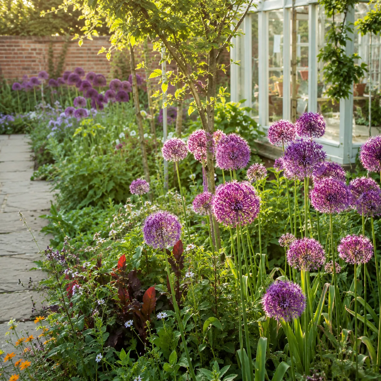 Realistic editorial photo of Alliums in flower borders growing in a practical edible and flower garden, realistic editor