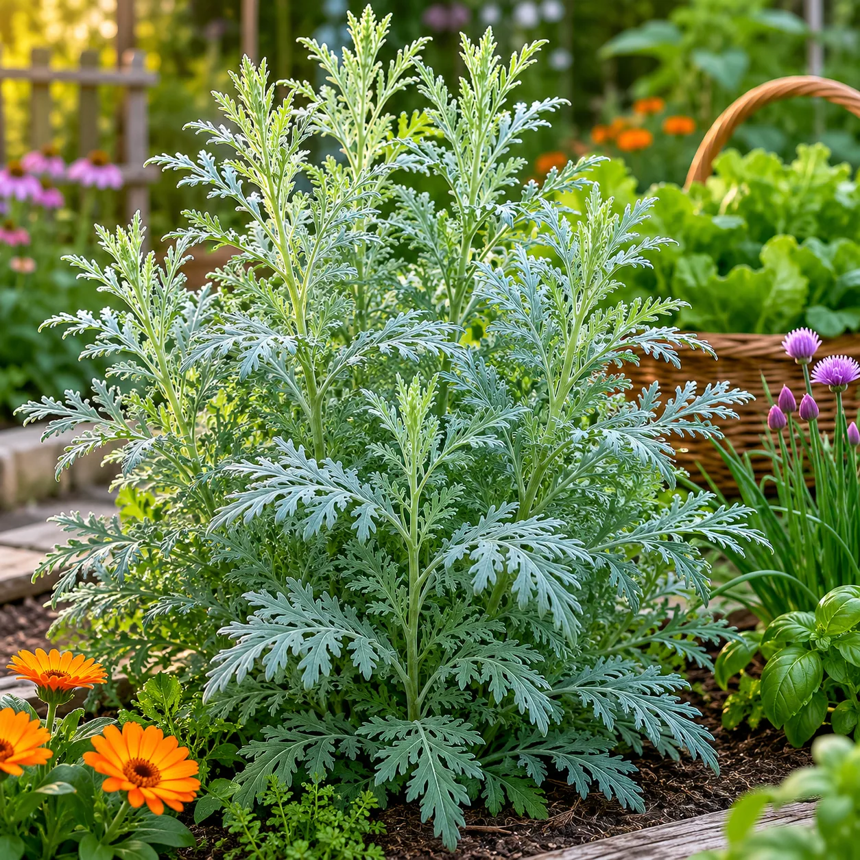 Realistic editorial photo of Wormwood with space growing in a practical edible and flower garden, realistic editorial ph