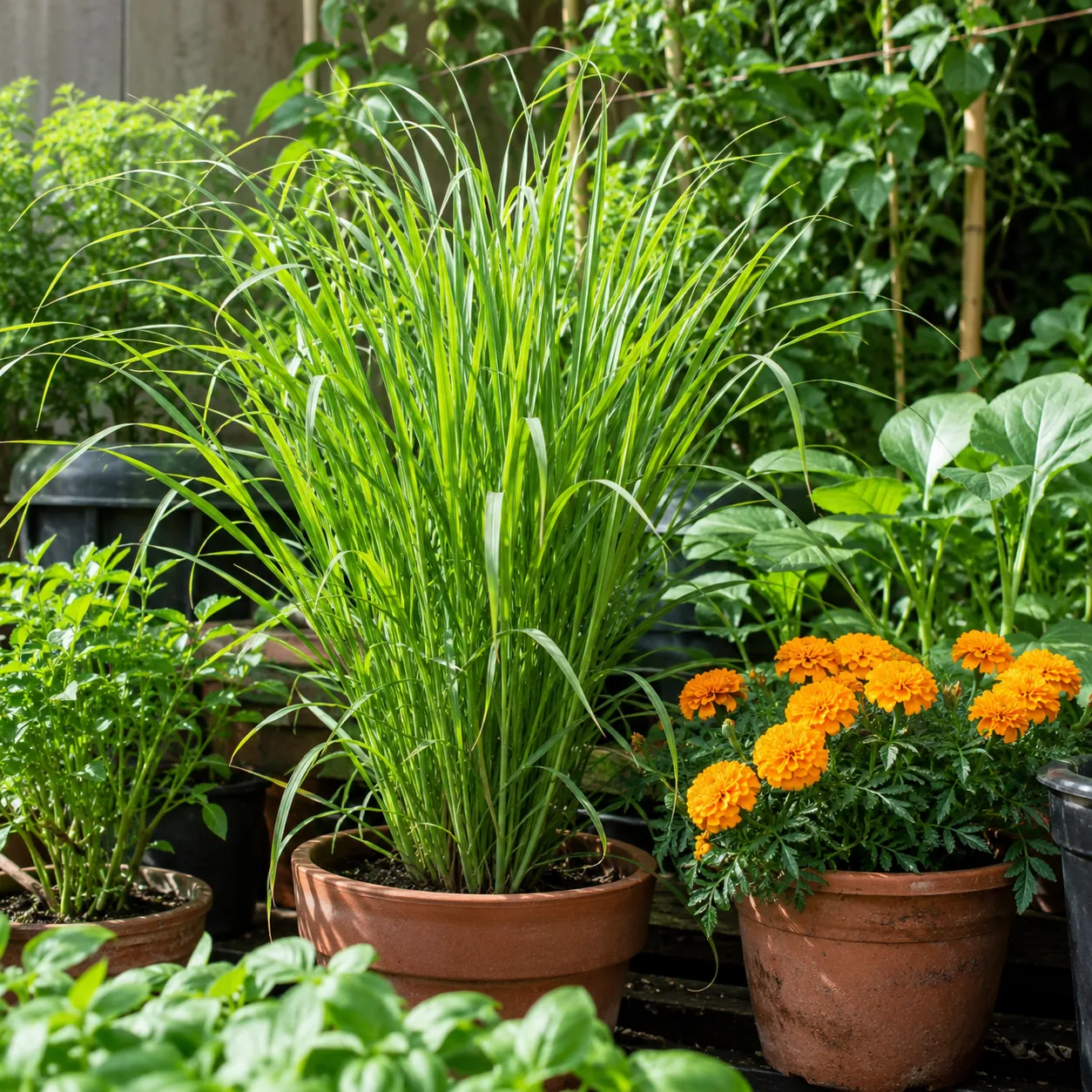 Realistic editorial photo of Lemongrass in patio pots growing in a practical edible and flower garden, realistic editori