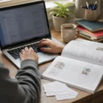 Language student typing umlaut letters on a laptop