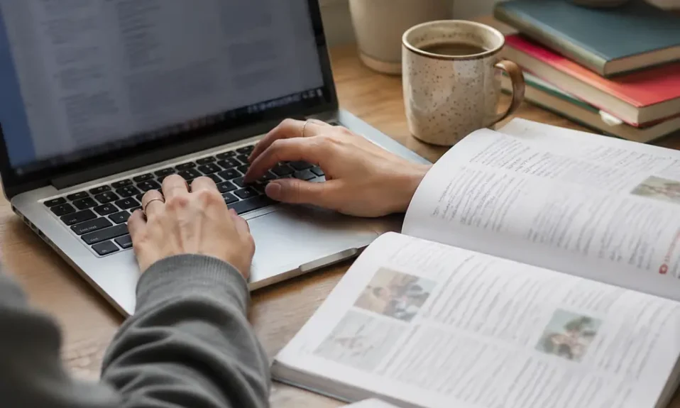 Language student typing umlaut letters on a laptop