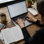 Writer typing E with accent characters on a laptop